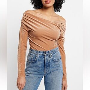 Express Tan Velvet Off The Shoulder Asymmetrical Wrap Thong Bodysuit size XS NEW